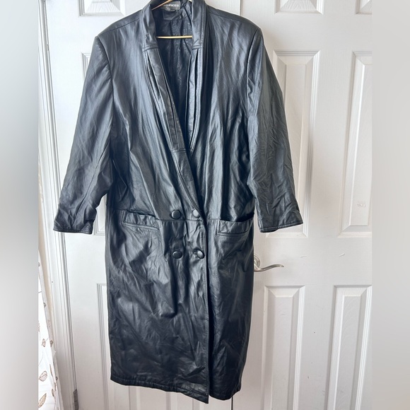 Vintage 80’s Maurices Leather Trench Coat Women's Unisex Size XL Black - Picture 1 of 14